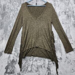 Riller & Fount Sweater Womens O/XS Brown Fringe Slit Tunic V-Neck Long Sleeves